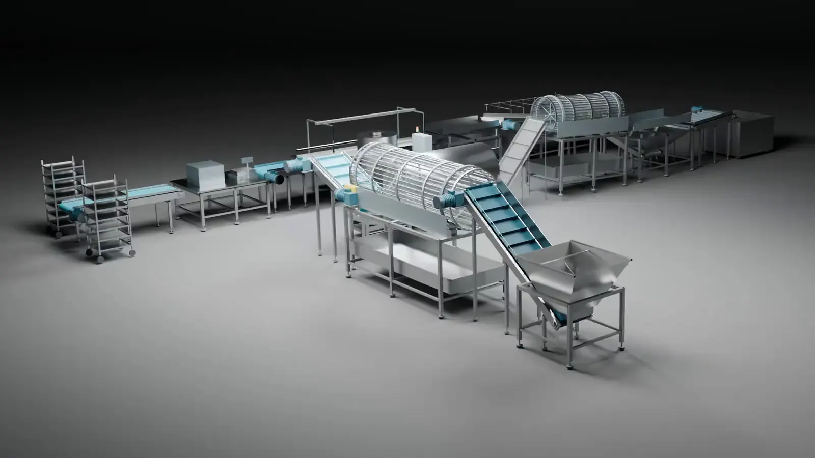 세척·선별·자숙·가열 공정 라인 3D 렌더링
